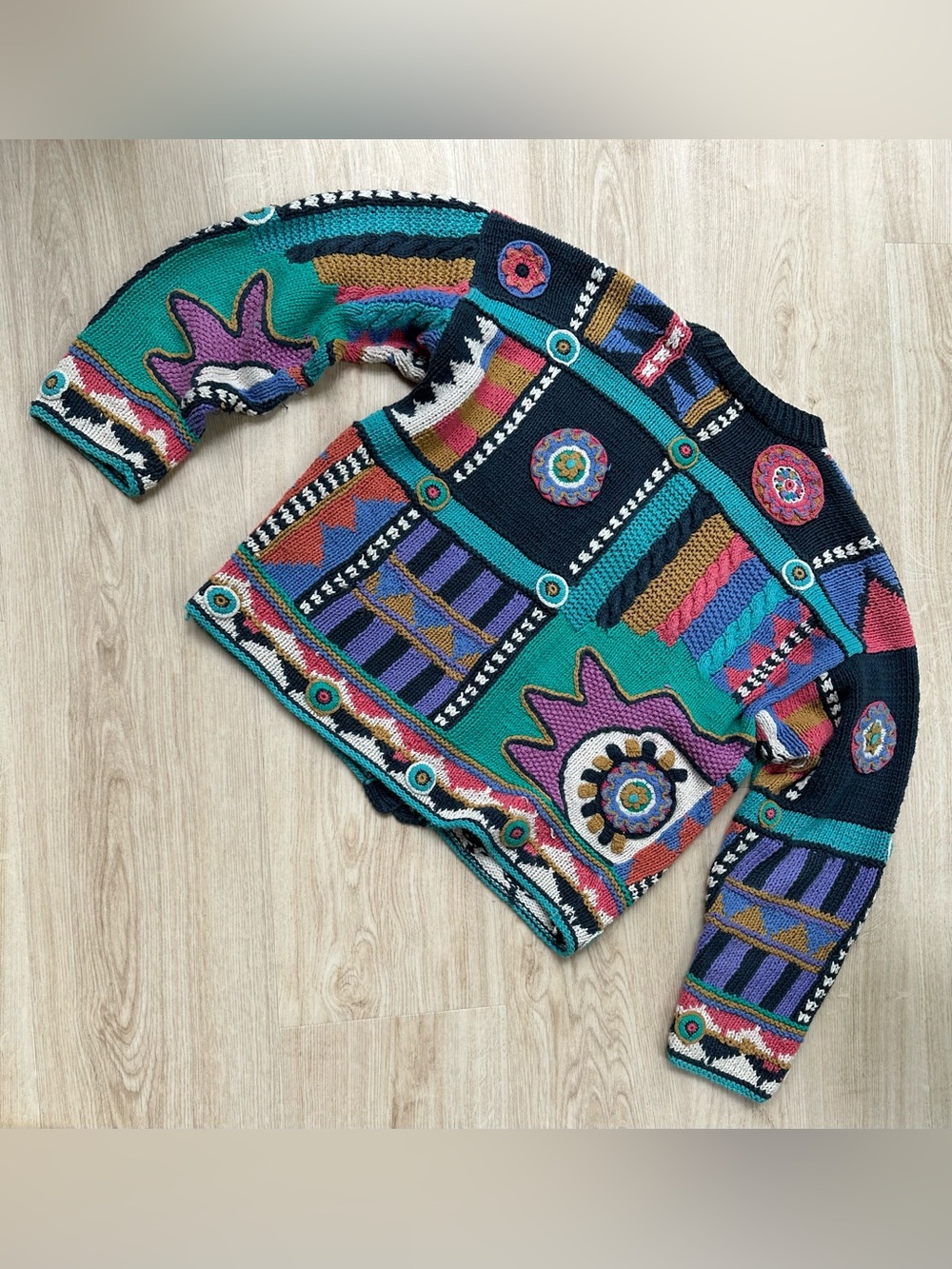 Hand-Knit Patchwork 80s 90s Bold Graphic Quirky Maximalist Oversized Sweater ~ M - Picture 10 of 17